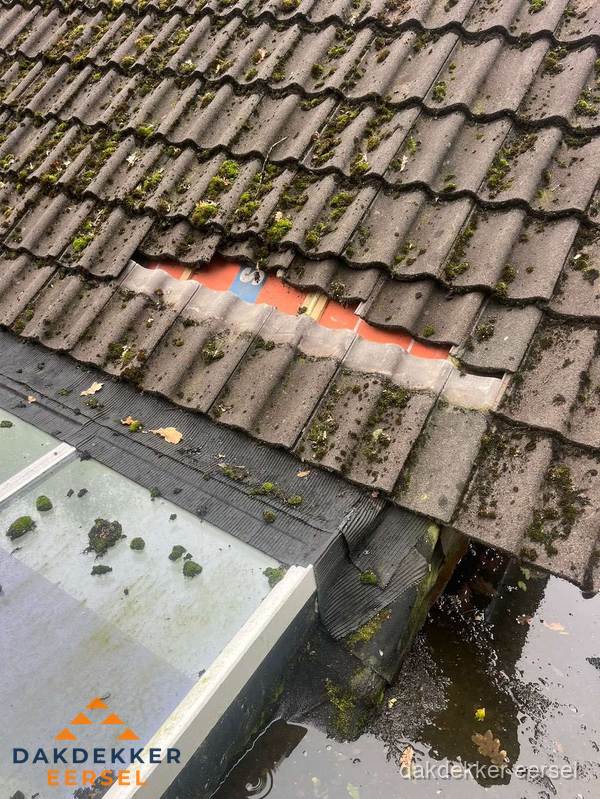 Beschadigd pannendak met ontbrekende dakpannen voor reparatie in Eersel Beschadigd pannendak met ontbrekende dakpannen voor reparatie in Eersel